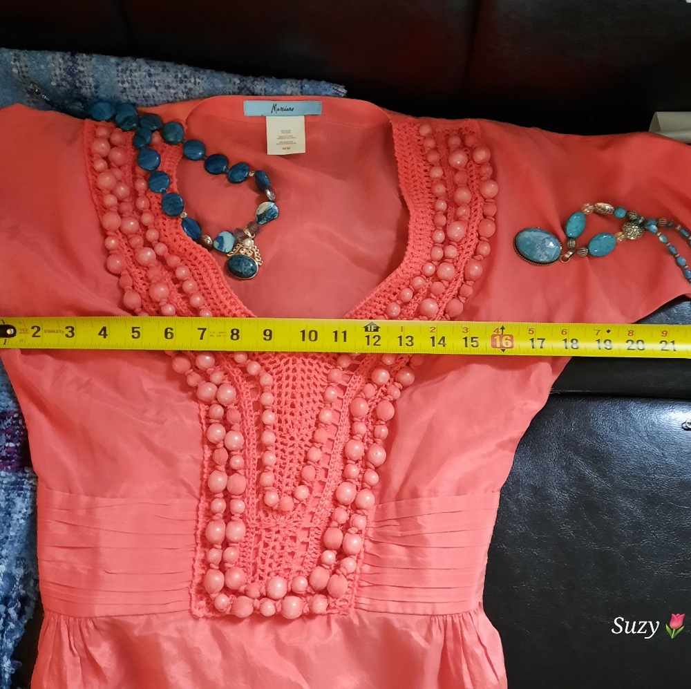 MARCIANO Silk Tie Back, Beaded Crochet Tunic Blouse - Picture 8 of 11